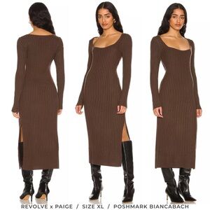 PAIGE Ribbed Long-Sleeve Scoop Neck Dress - Brown